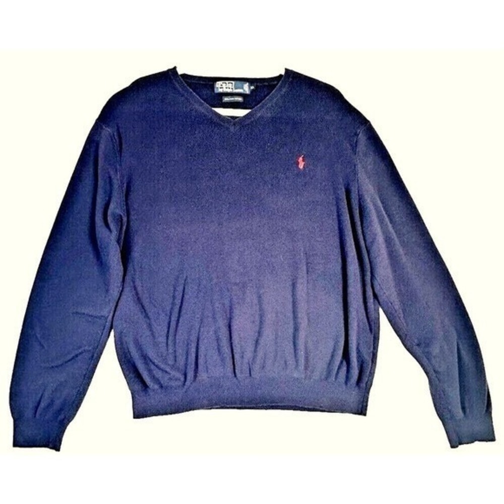 Polo Ralph Lauren Men XL Navy Blue 100% Pima Cotton V-Neck Sweater Red Pony Logo